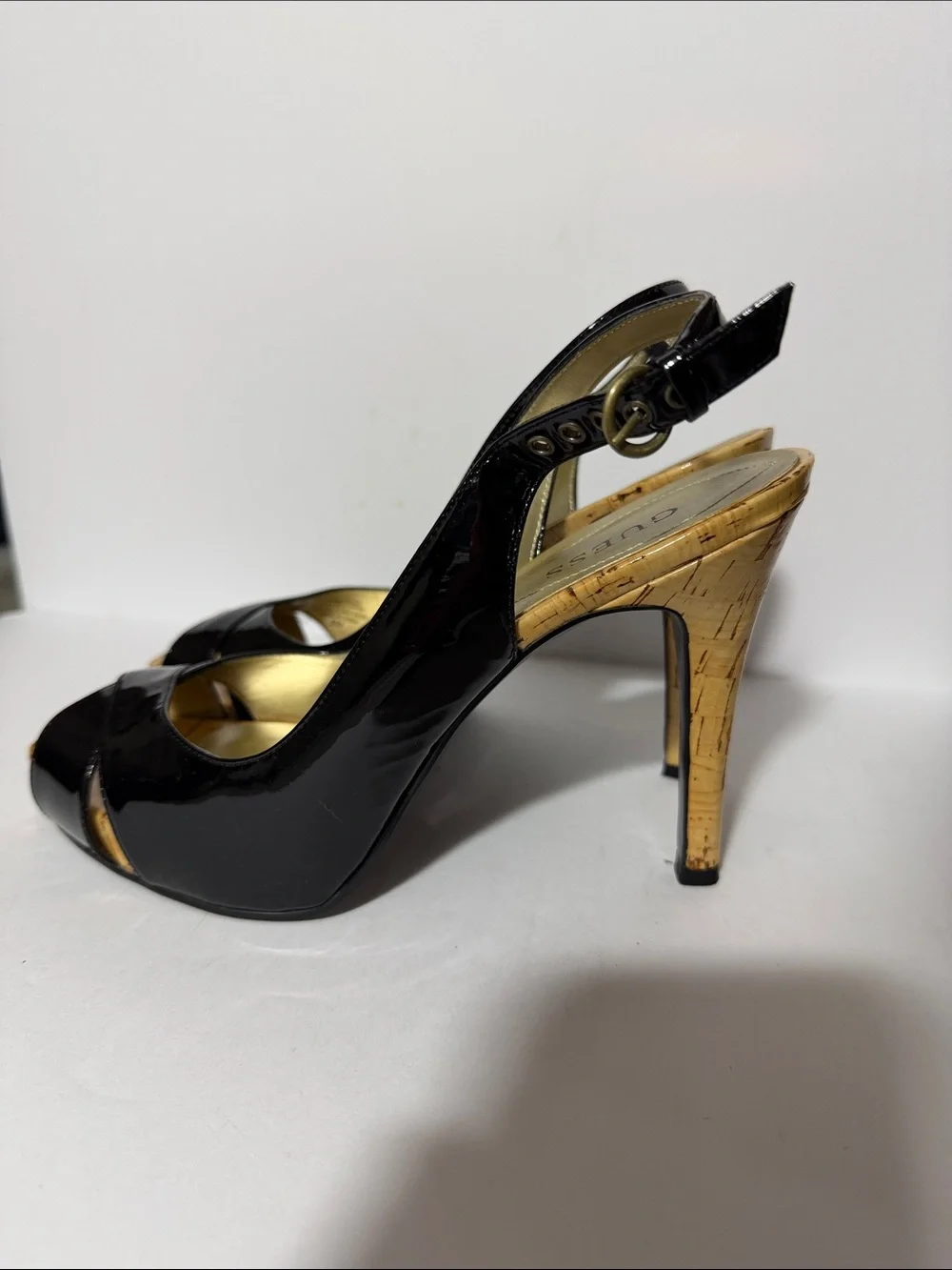 Guess Black Patent Open-Toe Slingback Cork Wedges